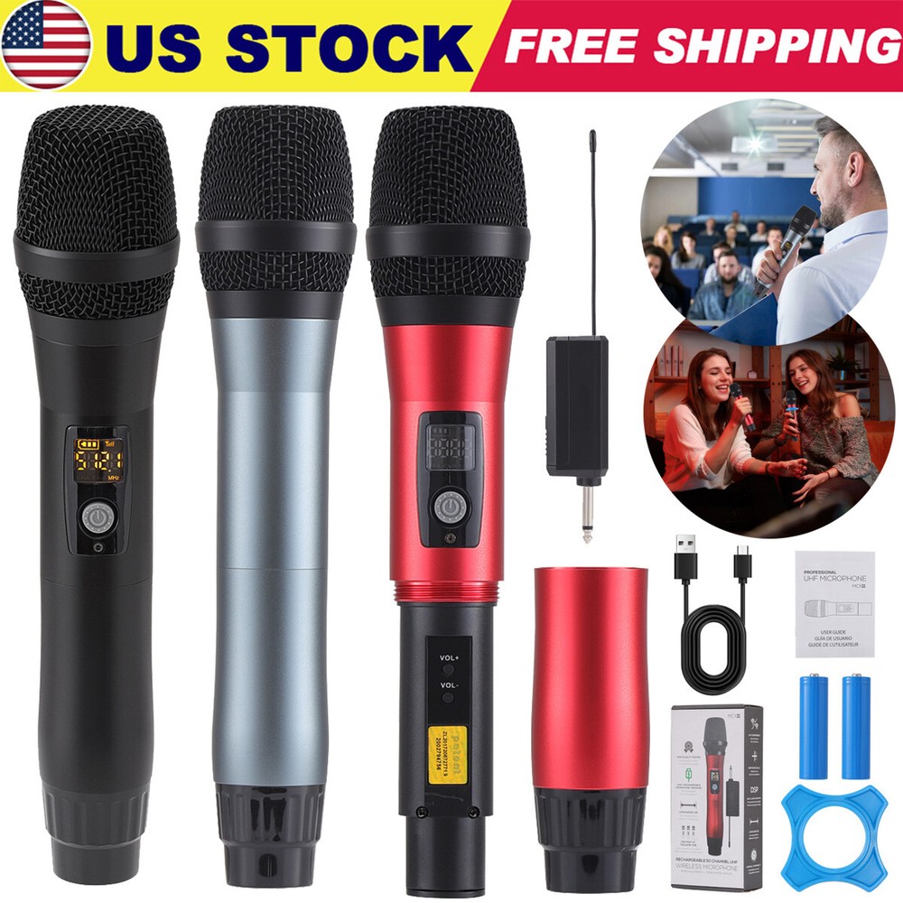 Professional UHF Rechargeable Wireless Microphone System + Auto-Connect Receiver