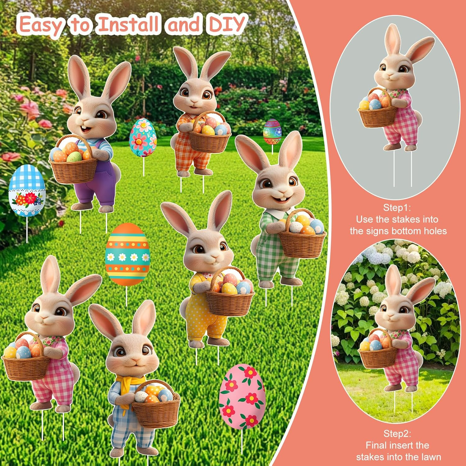 16PCS Easter Bunny Eggs Yard Signs Outdoor Lawn Decorations