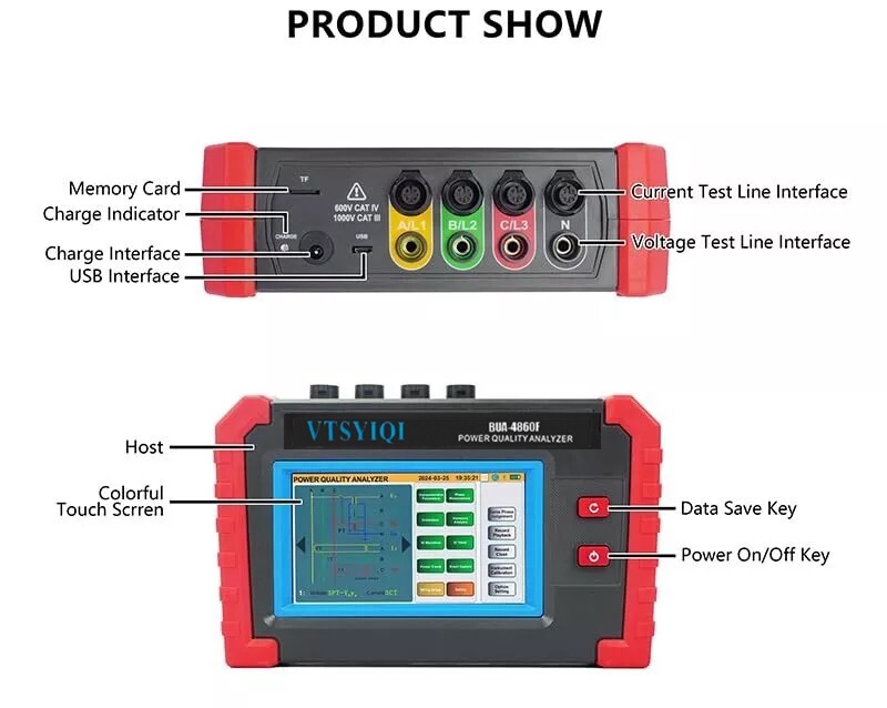 3 Phase Power Quality Analyzer with Current Clamp Range 10A~6000A USB Interface