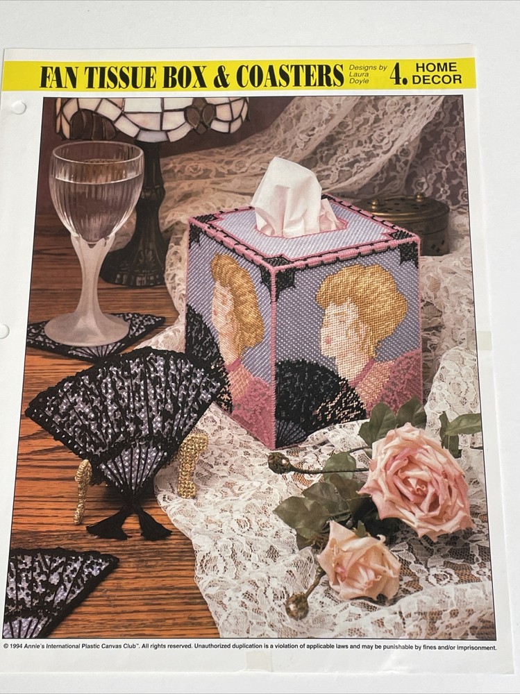 Annie's Attic Fan Tissue Box & Coasters Plastic Canvas Pattern Page