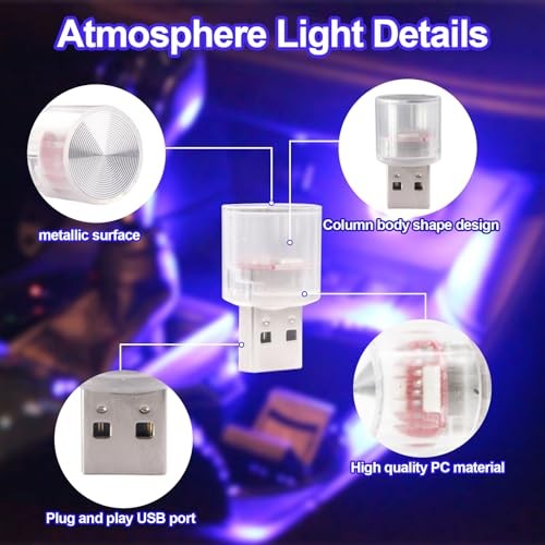 USB LED Car Interior Night Light, 2 Pcs Universal Mini USB LED Decoration