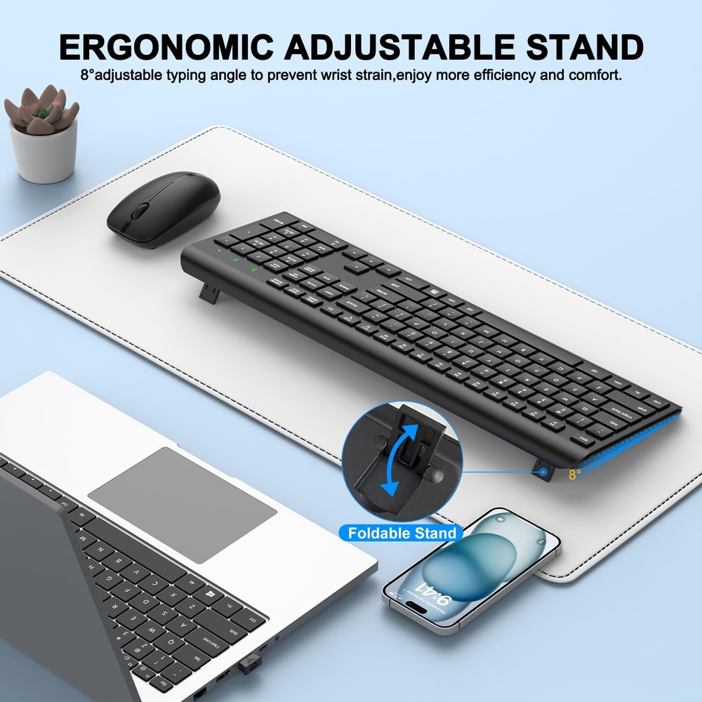 Wireless Keyboard Mouse Combo Full Size Silent Ergonomic Optical 2.4G PC Mac