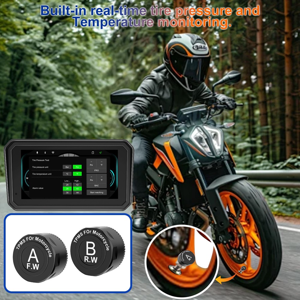 6" Motorcycle Carplay with GPS System, TPMS, Wireless BT, Loop Rec & Emer Lock