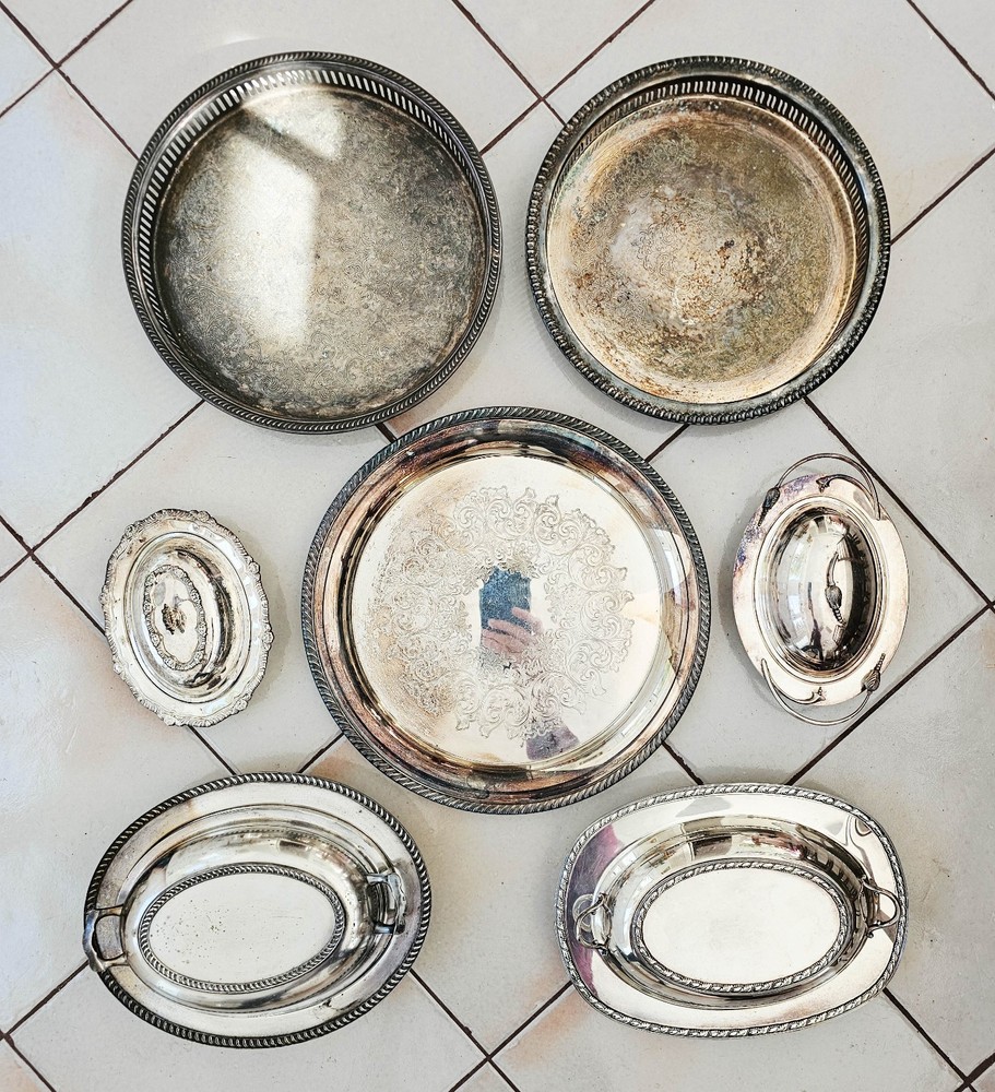 Silverplate Lot 7 Pieces Trays Covered Dishes Assorted Serving Pieces +10 lbs