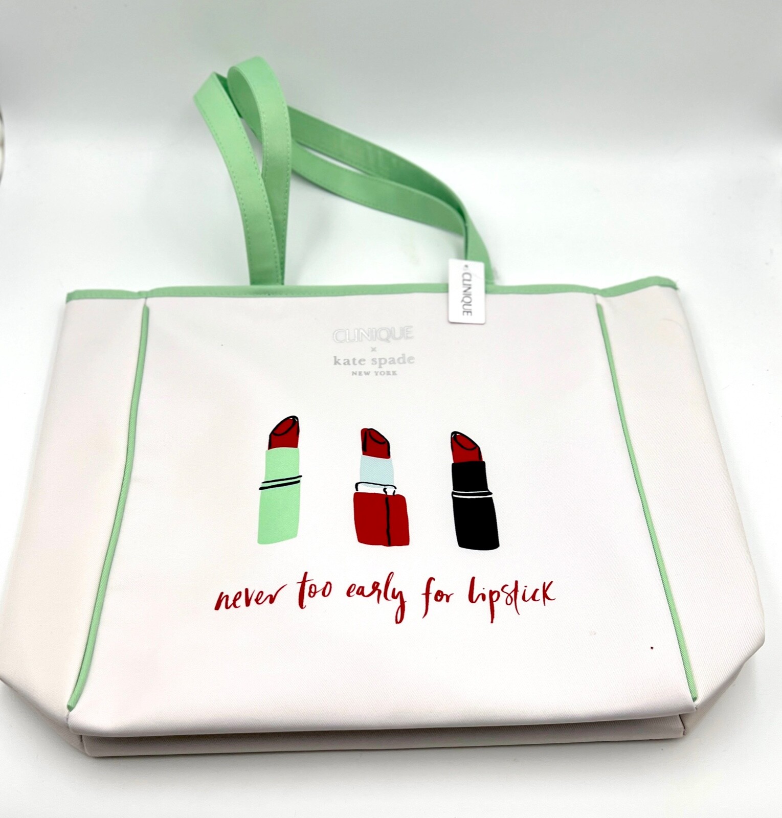 Clinique x Kate Spade Shopping Shoulder Tote Bag ~ Green Strip ~ Lipstick Print