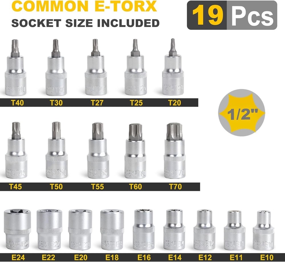 19-Piece 1/2” Drive E-Torx Socket Set & Torx Bit Socket Set W/ Storage case