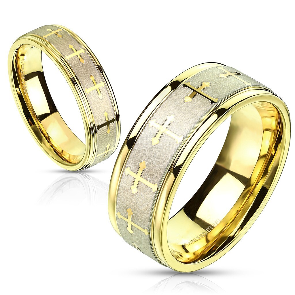 Stainless Steel Gold Plated Brushed Fancy Cross Wedding Band Ring Size 5-13