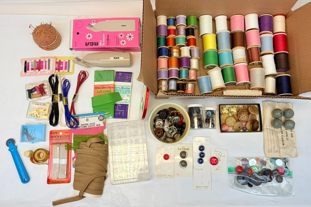Large Lot VTG Sewing Notions -Buttons - Thread - Tools - Trim & More