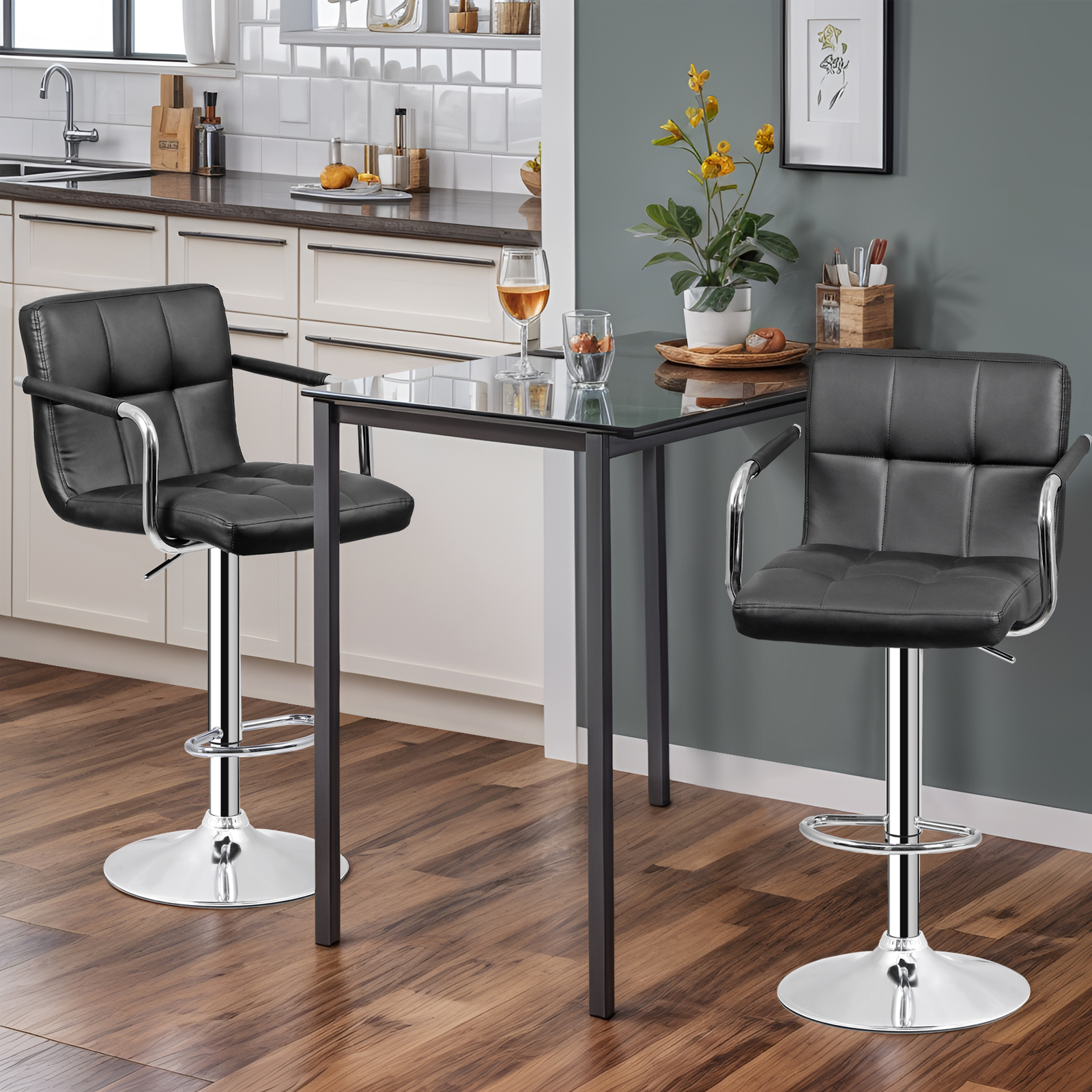 Modern PU Leather Bar Stools Set of 2 Adjustable Swivel Barstools w/ Back & Arms