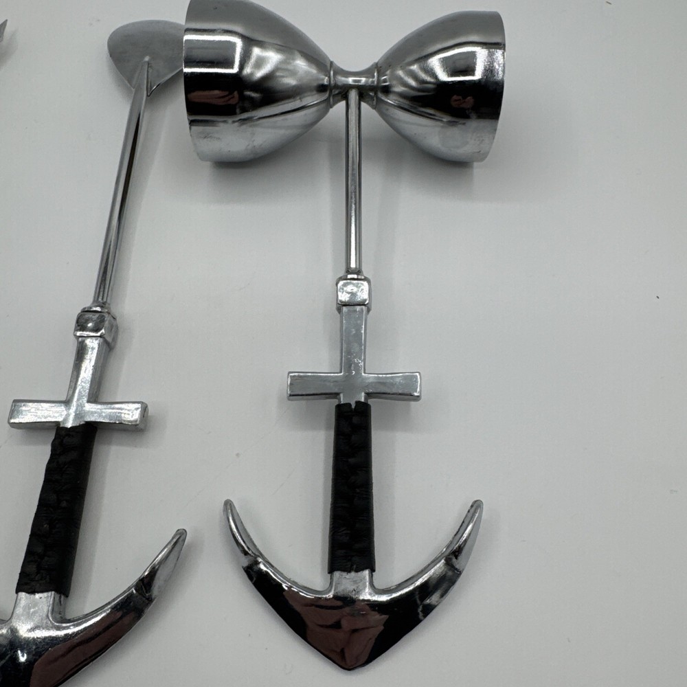Vintage Nautical Anchor Handle Bar Tools Set Jigger Spoon Olive Fork Chrome