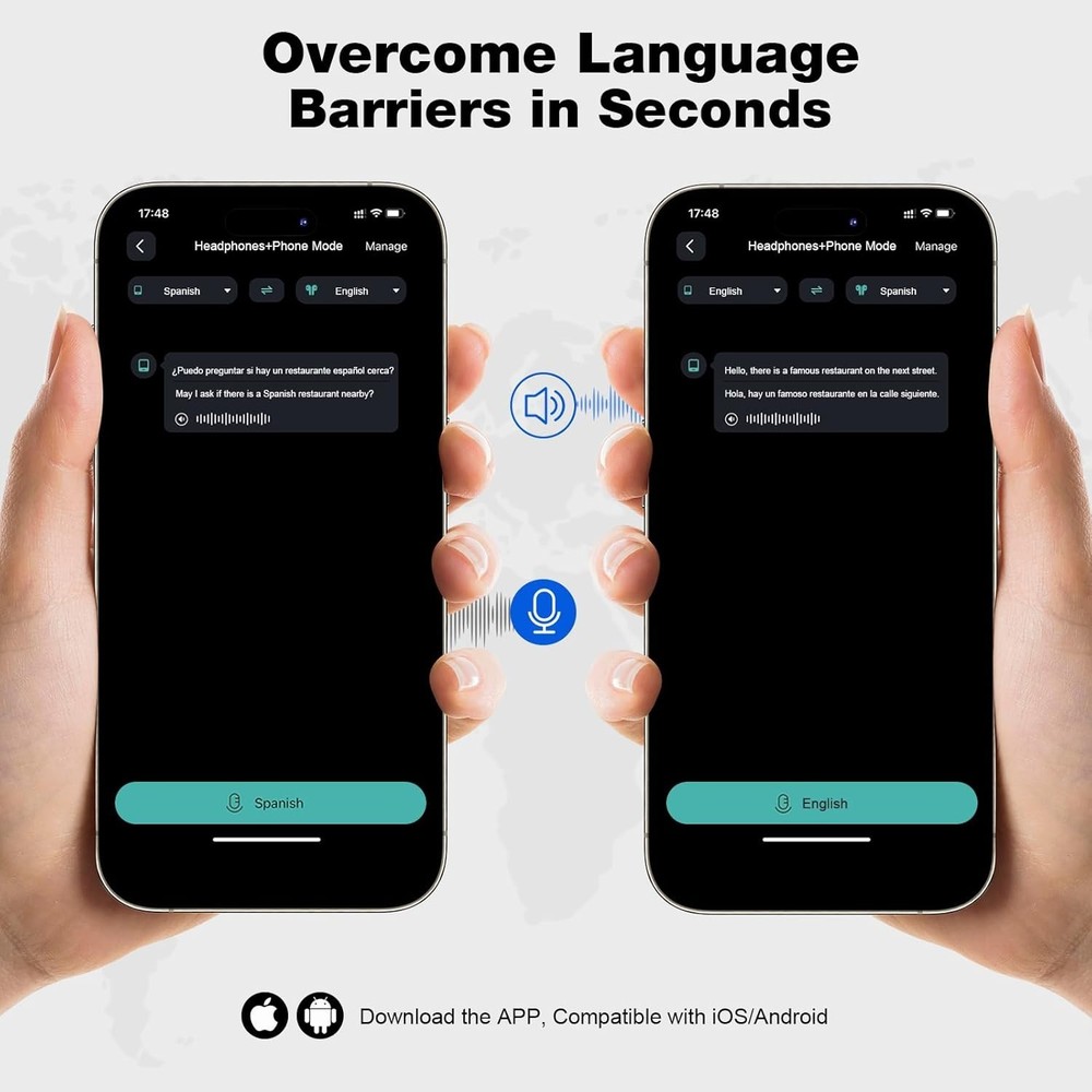 Language Translation Earbuds, 163 Language & Accents Two-Way Translator Devic...