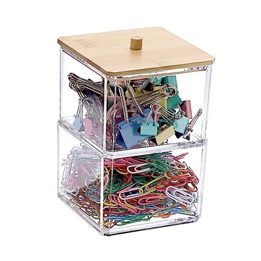 Clear Stackable Paper Clip Holder with Bamboo Lid 2-Layer 2-Tier, Square
