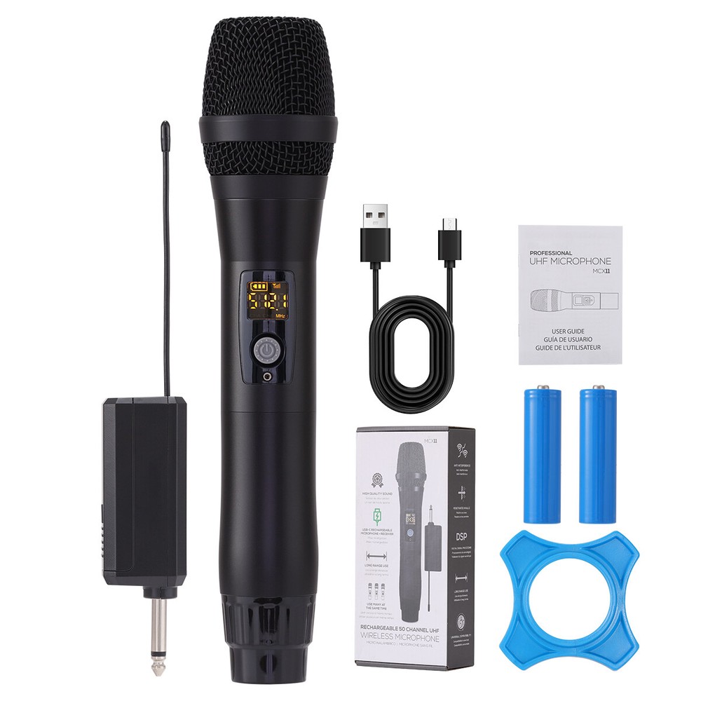 Professional UHF Rechargeable Wireless Microphone System + Auto-Connect Receiver