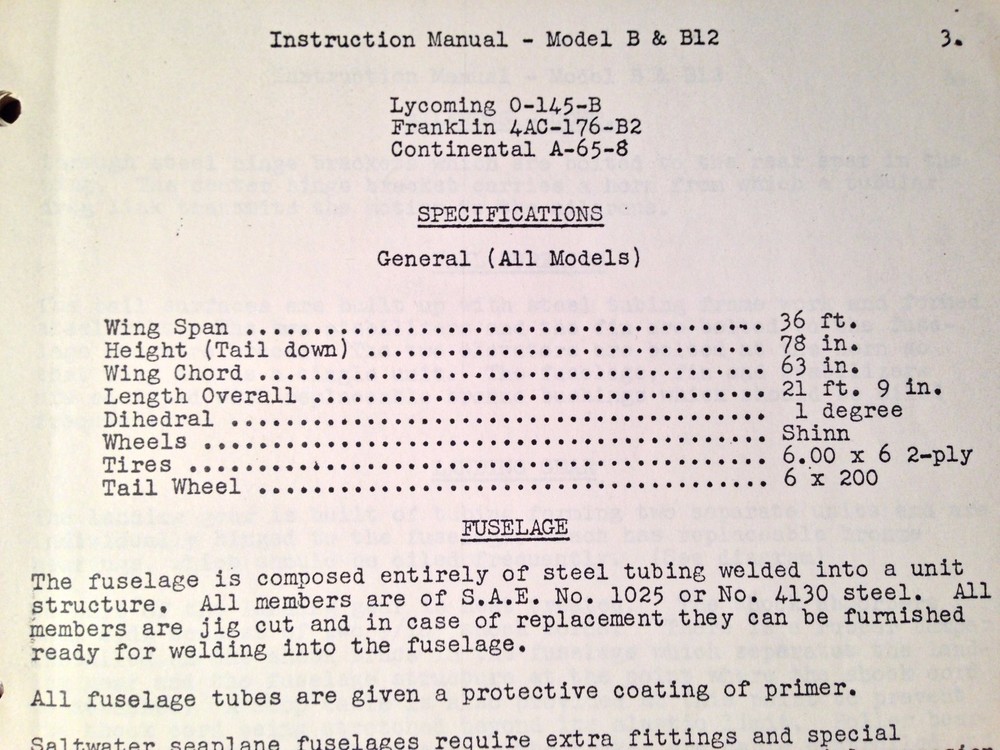 Taylorcraft Model B & Model B12 Instruction Manual
