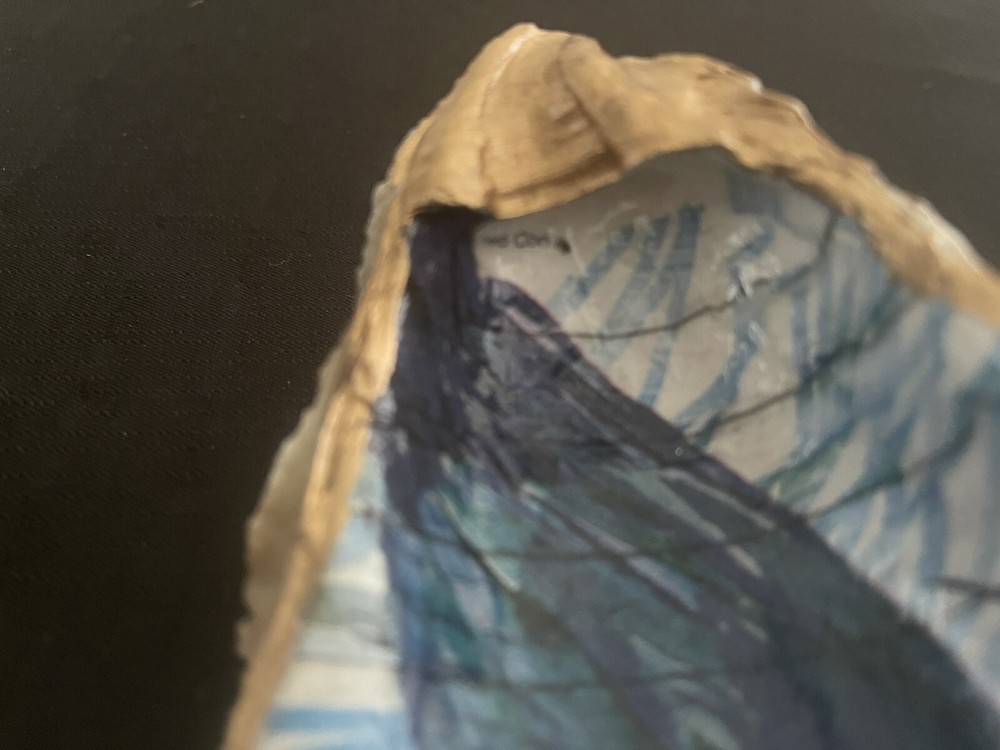 Decoupaged Blue Heron Oyster Shell Trinket Ring Dish