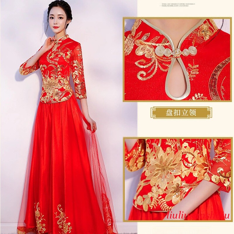 Chinese Traditional Bride Wedding Dress Set Women Red Embroidery Tops and Skirt