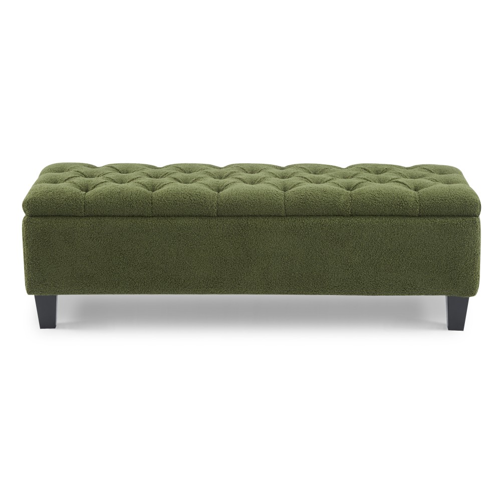 Green Boucle Storage Ottoman Bench w/ Tufted Lid, 300lb Capacity