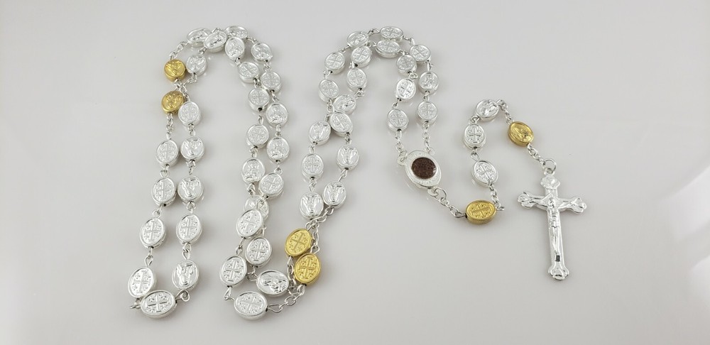 Silver/Gold Tone Long Metal Rosary Beads Terra Jerusalem Relic Crucifix 63 grams