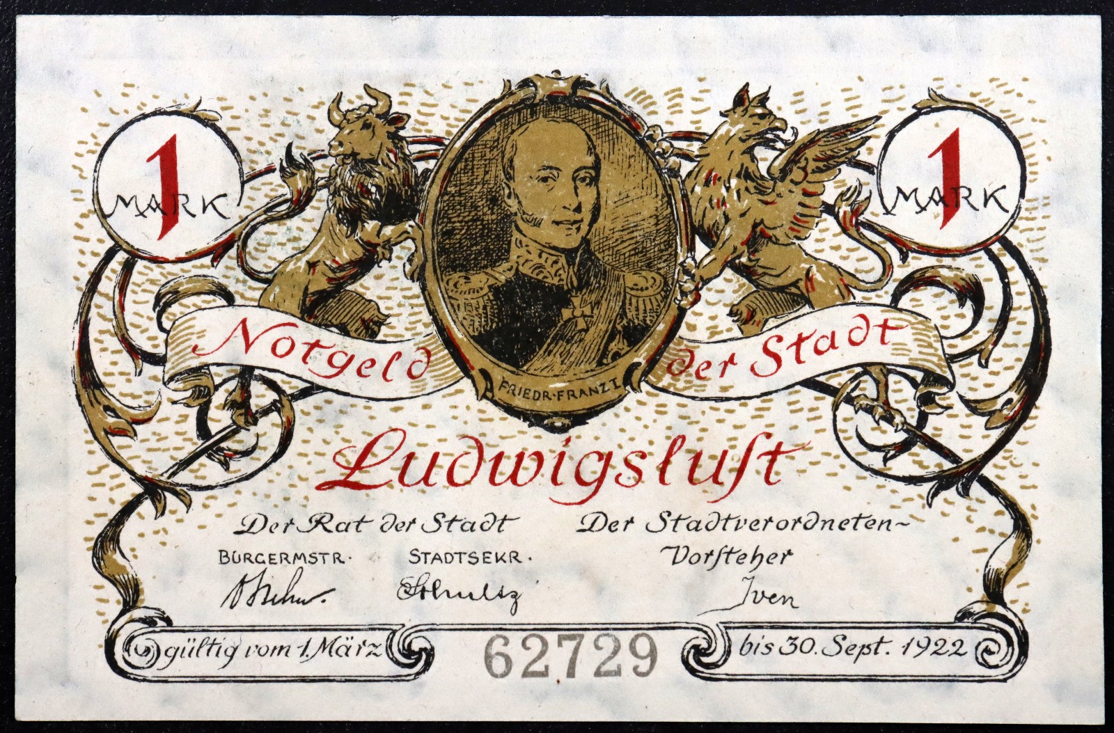 LUDWIGSLUST 1922 "Dragoner Regiment" 1 Mark German Notgeld Soldiers Pickelhaube