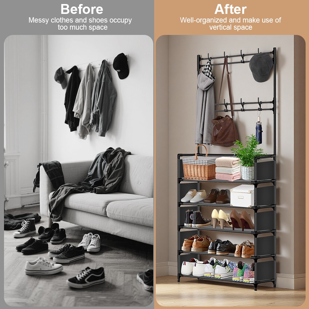 Coat Rack with Shoe Storage,5-Tier Shoe Rack and 8 Clothes Hooks Coat Rack Black