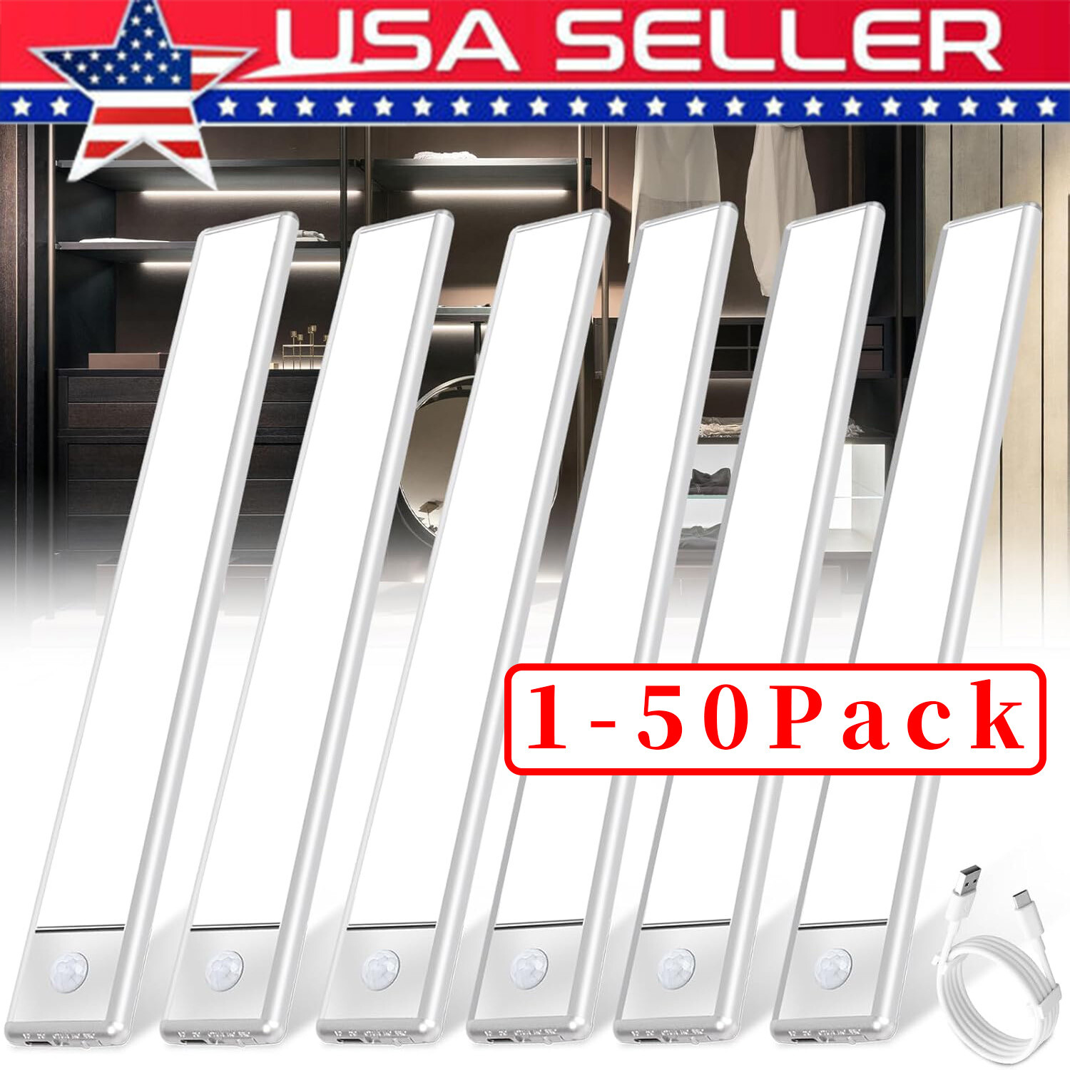 LED Motion Sensor Under Cabinet Closet Light USB Rechargeable Kitchen Lamp Strip