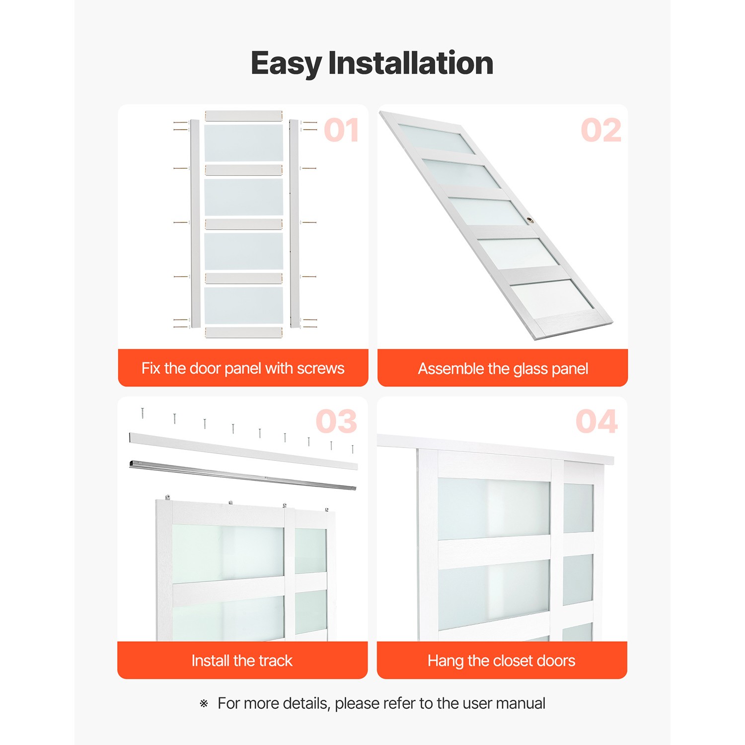 Uimoso Sliding Closet Door 60"(Double 31") x 80" Frosted Glass Bypass Design