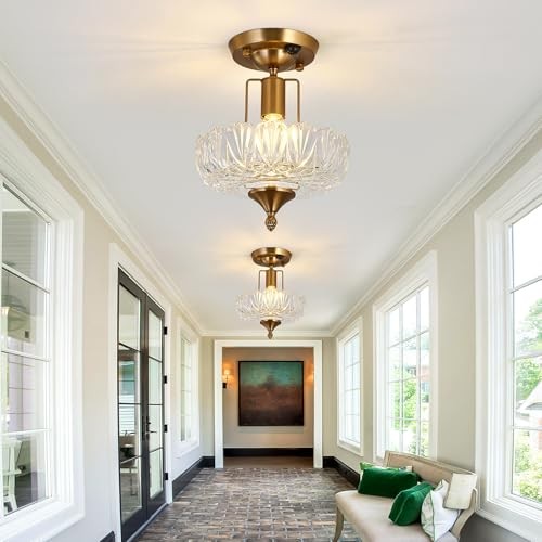 Motion Sensor Semi Flush Mount Ceiling Light Gold Hallway Light Fixture with
