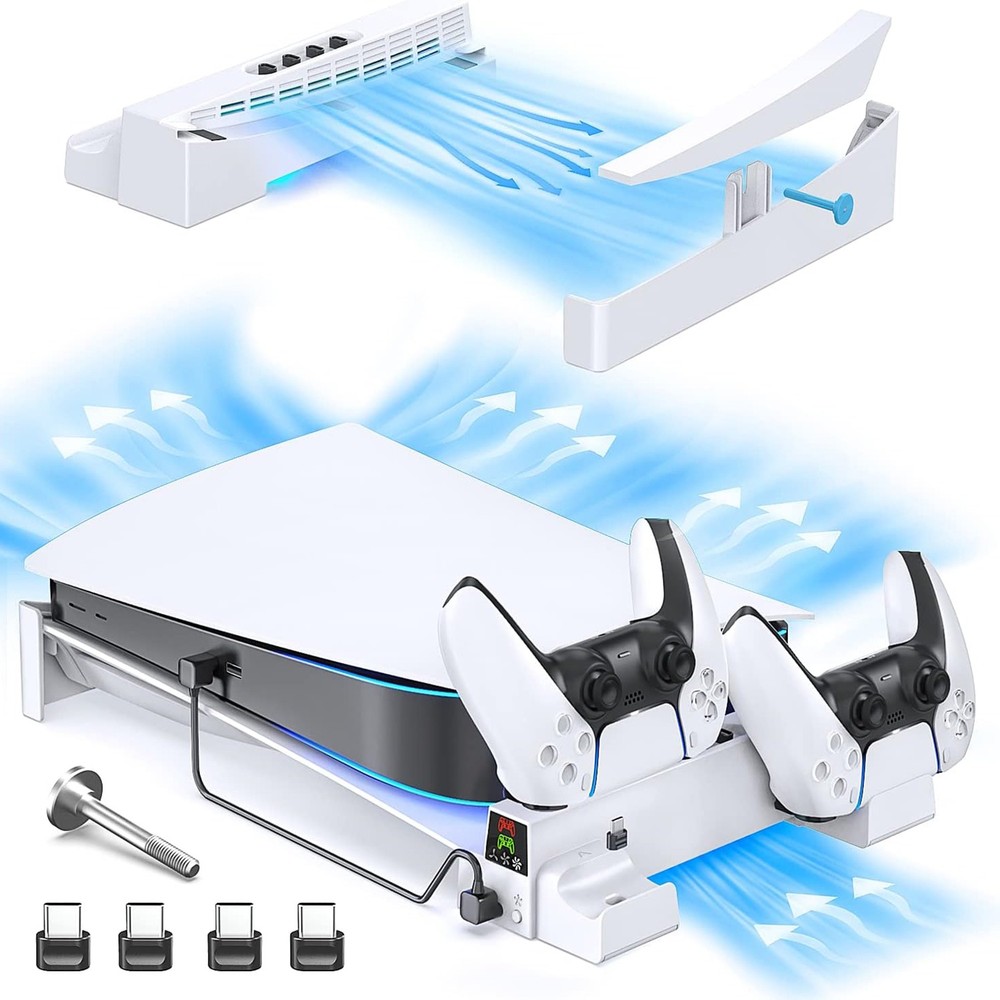 Horizontal Stand with Cooling Fan and Controller Charger for PS5 Console