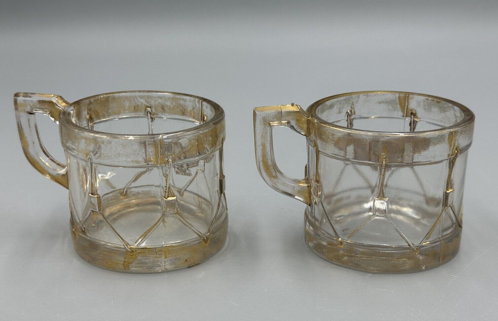 1909 Pair Mug EAGLE DRUM Cup Glass CANDY CONTAINER Antique E&A 543