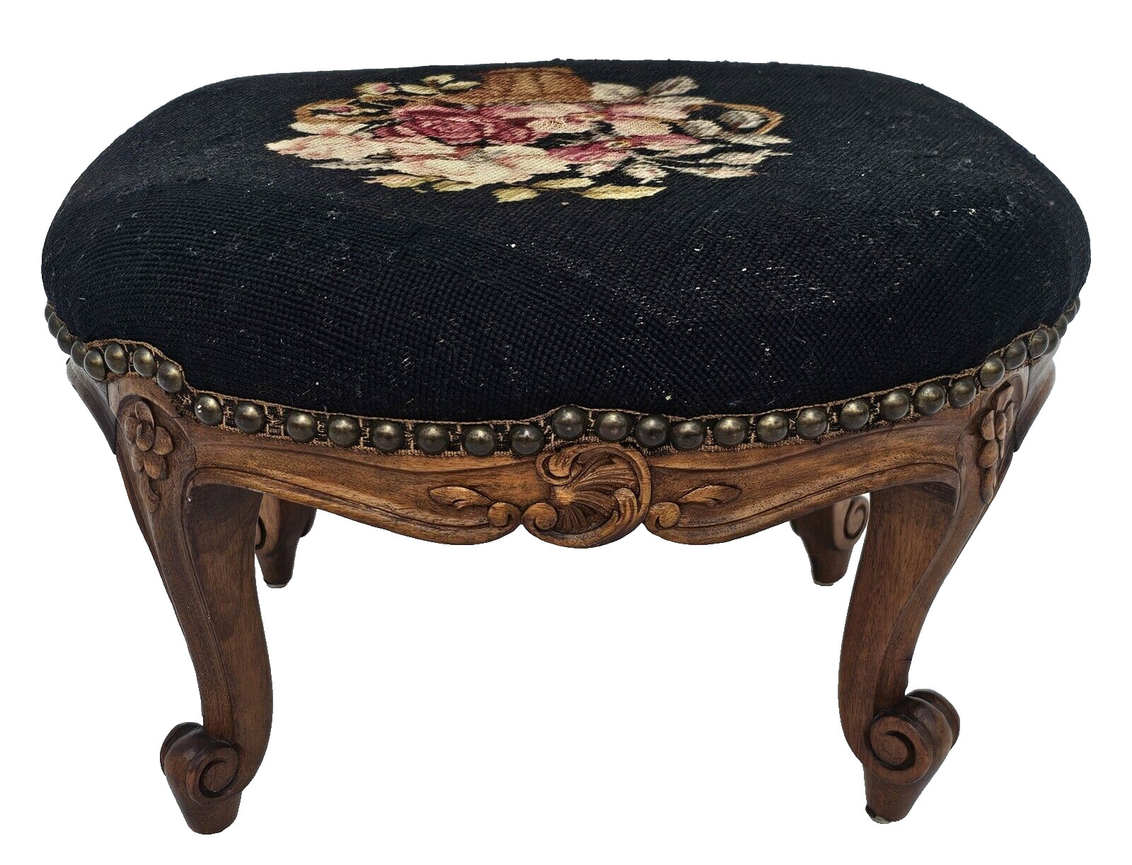 Antique 1930s French Louis XV Footstool – Carved Wood Cabriole Legs Needlepoint