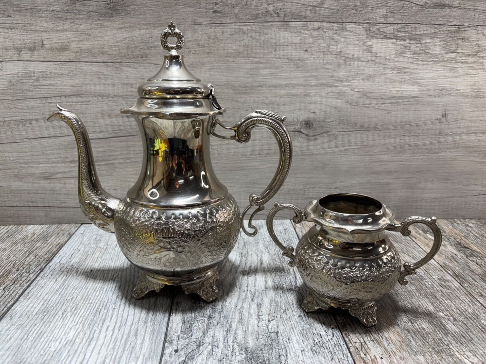 Ornate Teapot and sugar cup G Silver Vintage set used
