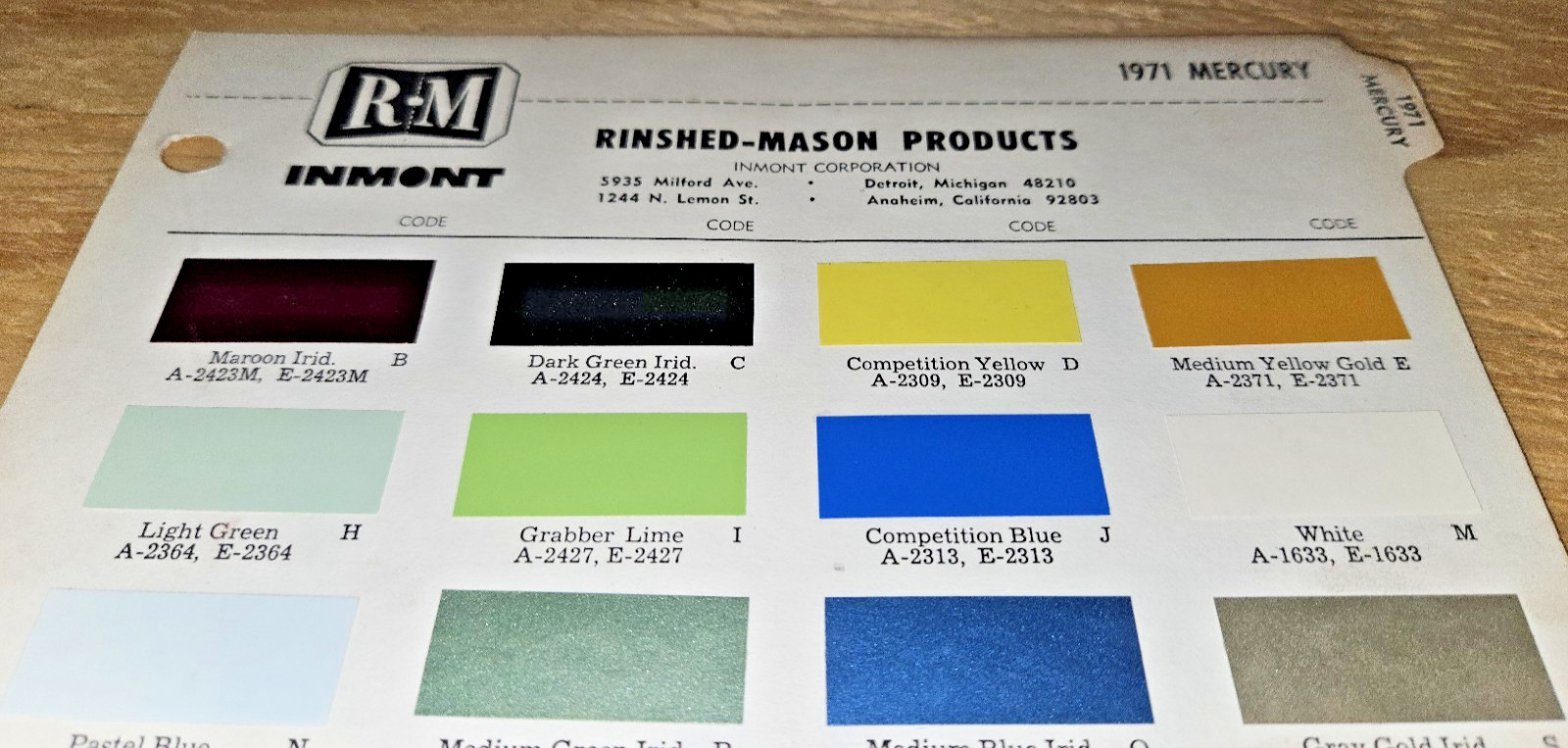 1971 Mercury Color Paint Chips chip codes RM cougar comet marquis montego chips