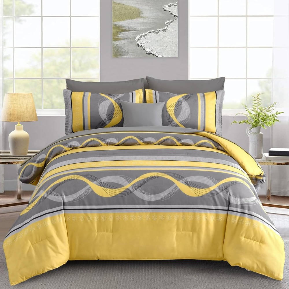 Comforter Set Size,8 Pieces Bed in a Bag Patchwork Striped Bedding Queen Yellow