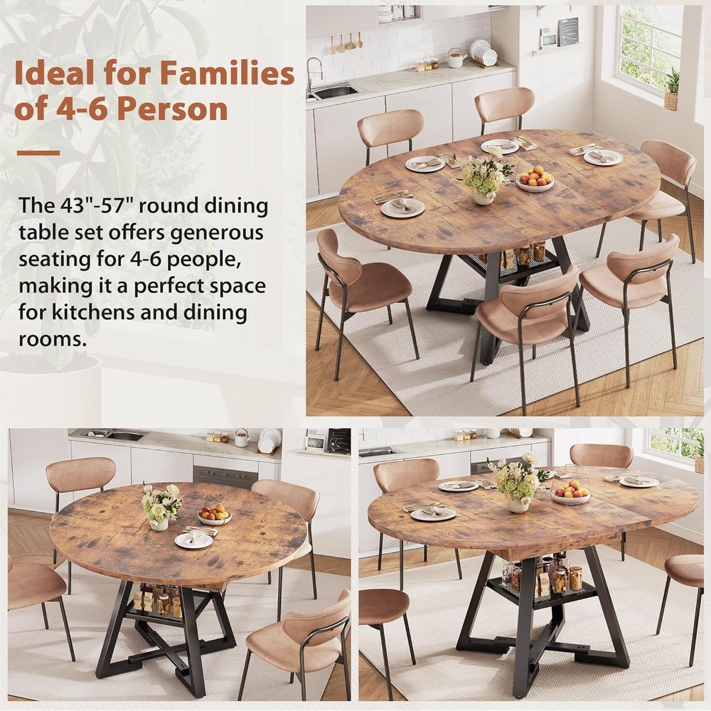Round Dining Table Kitchen Dining Room Dinner Table 4-6 Space Saving Extendable