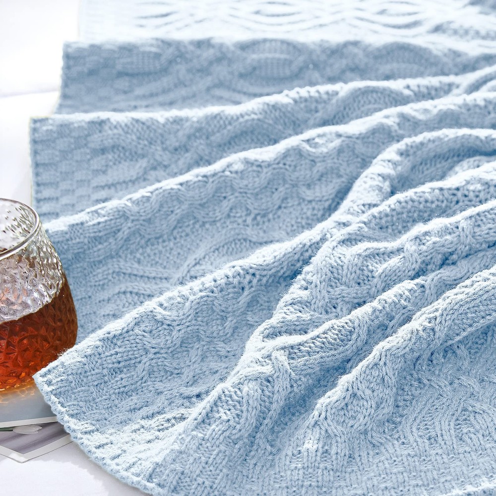 Light Blue Cable Knit Throw Blanket, Soft & Warm Knitted Blanket Throw for Co...