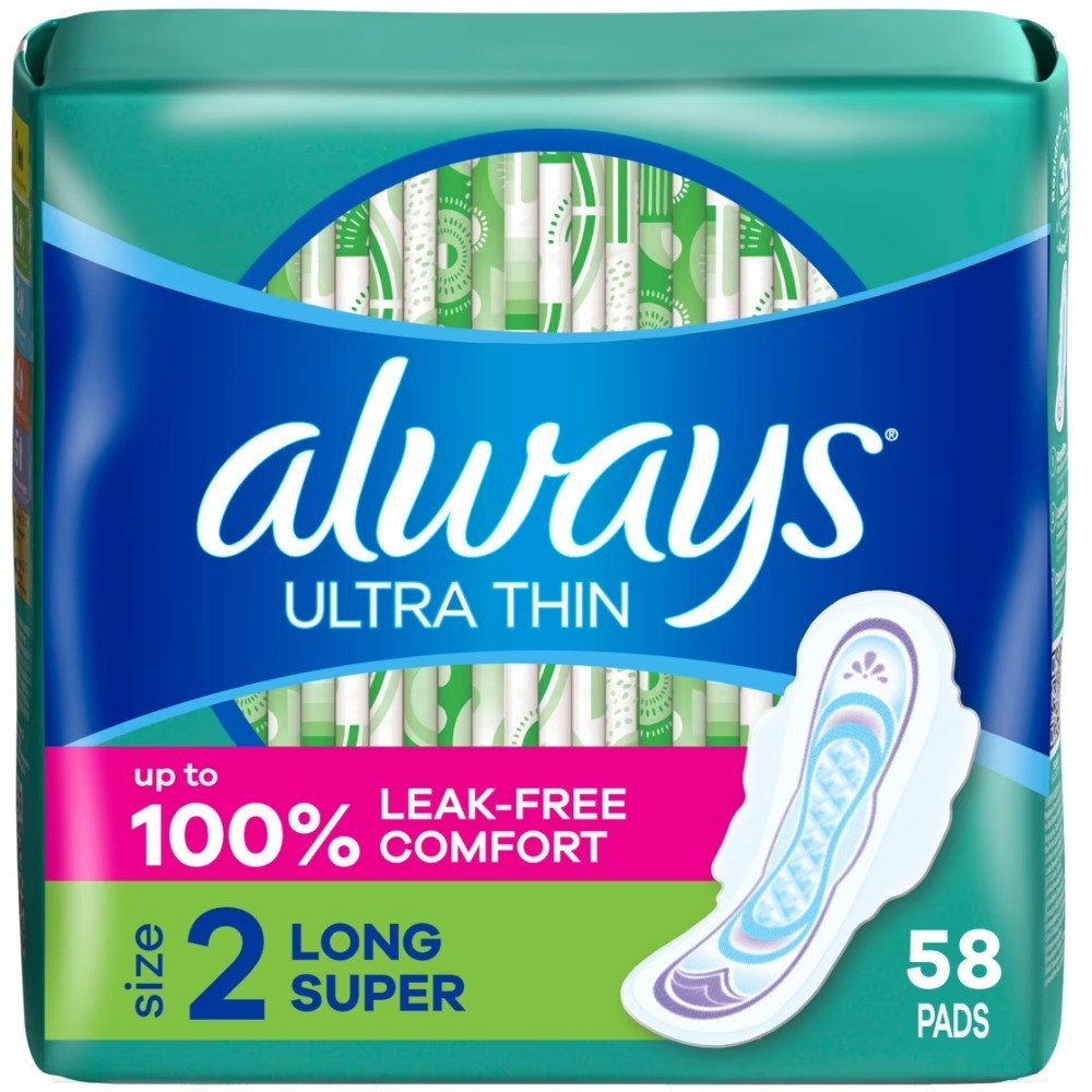 Ultra Thin Pads with Wings, Size 2, Long Super Absorbency, 58 Count