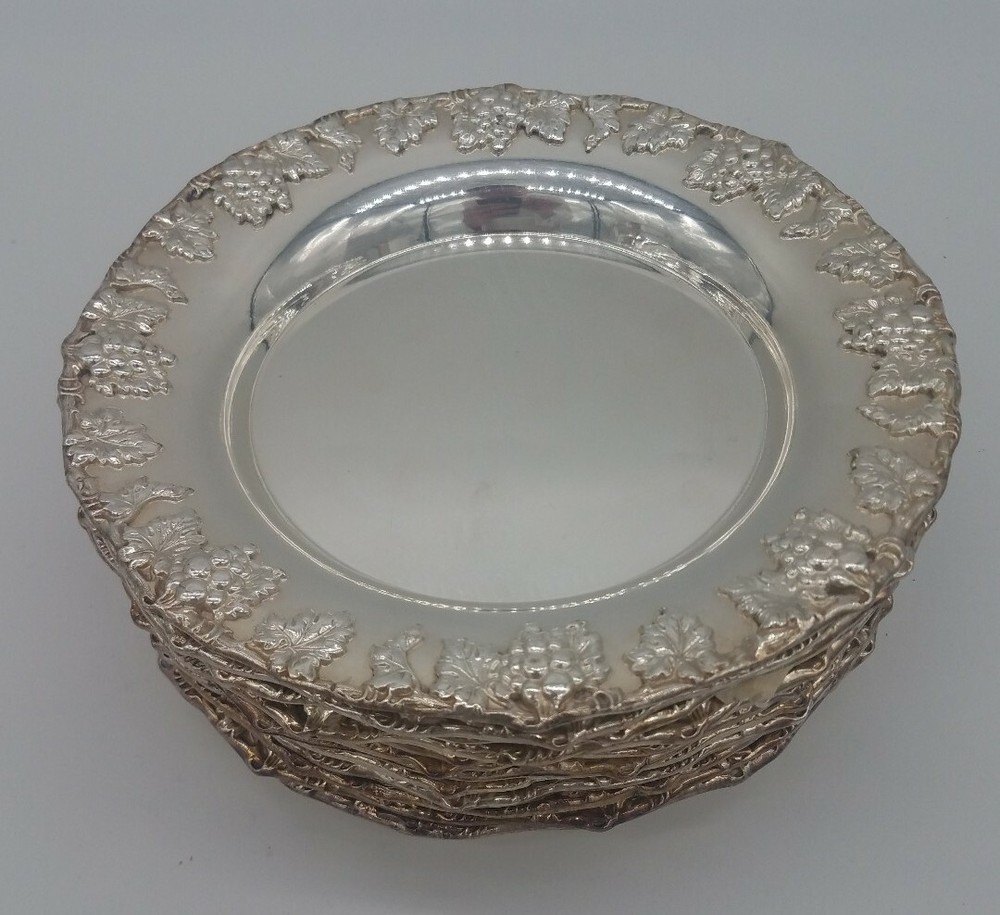 SET OF 12 SILVER GRAPE PATTERN SIDE PLATES HALLMARKED