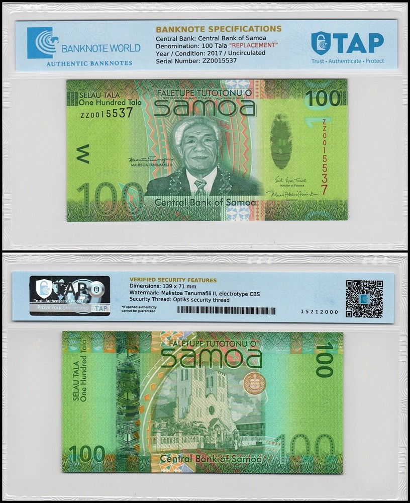 Samoa 100 Tala, 2017 ND, P-44b, UNC, Replacement, TAP Authenticated