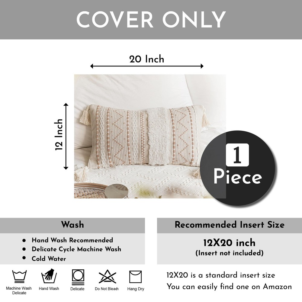 Decorative Lumbar Throw Pillow Cover 12x20 Cream Neutral White Rectangular Bo...