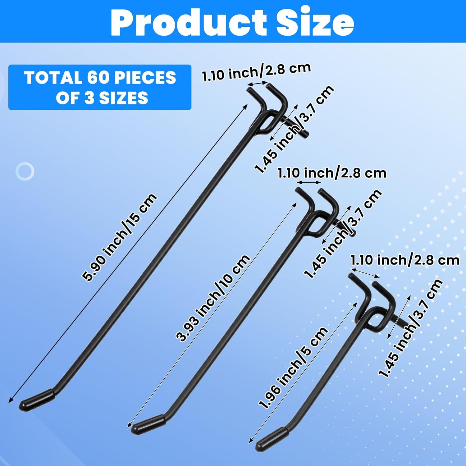 60 Pack Black Pegboard Hooks, 2/4/6 Inch Heavy Duty Peg Board Shelving Hooks Acc