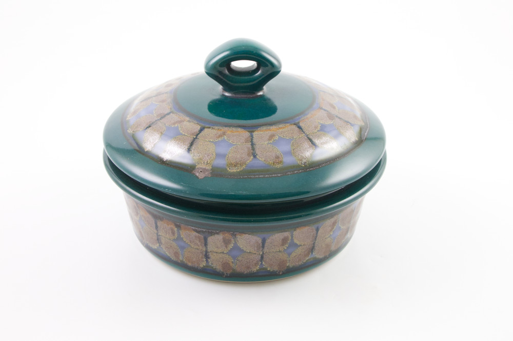 Studio Art Pottery Green Lidded Casserole Baker Butterfly Pattern Signed CG