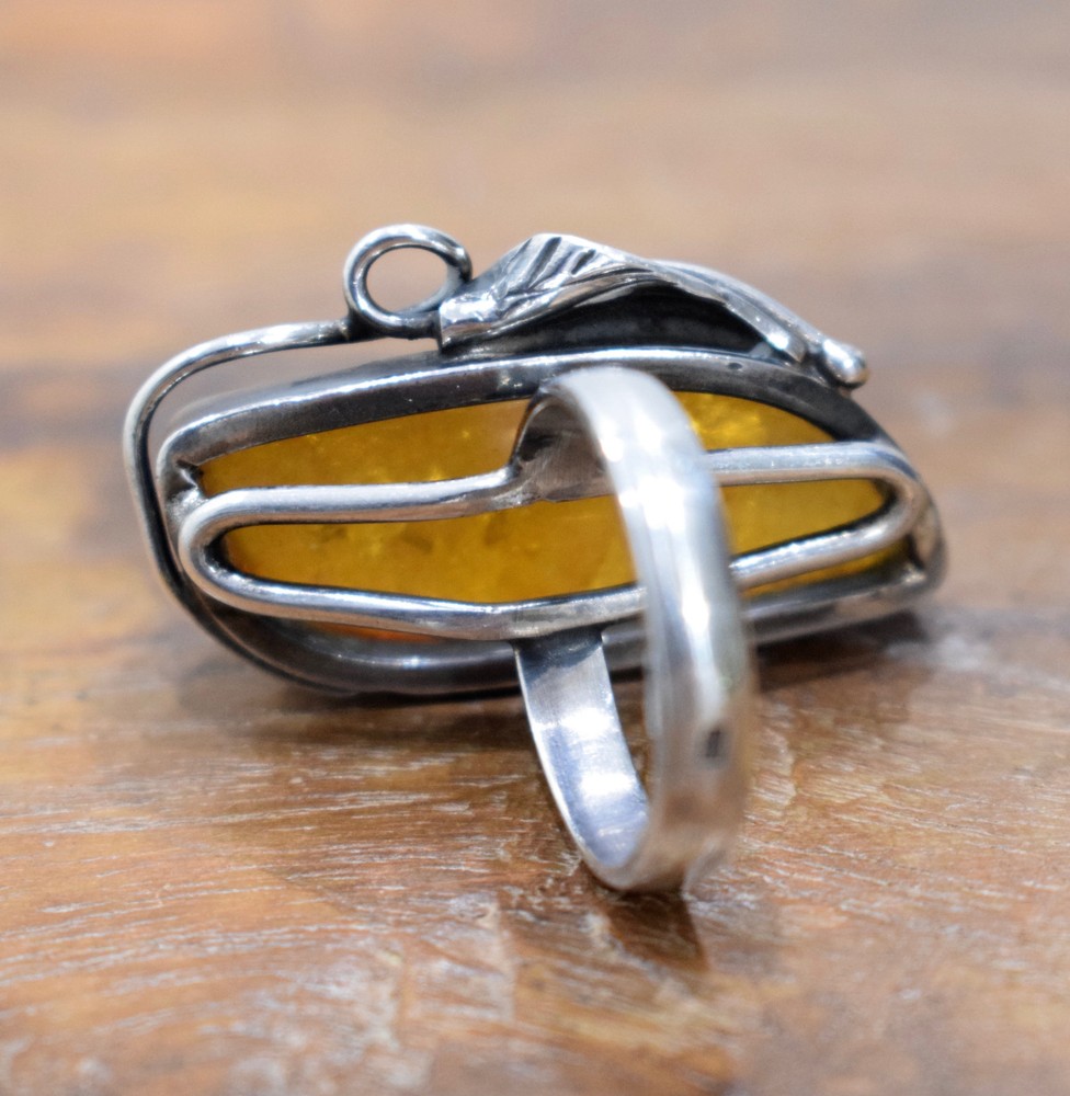 Ring Sterling Silver Baltic Amber Leaf Ring
