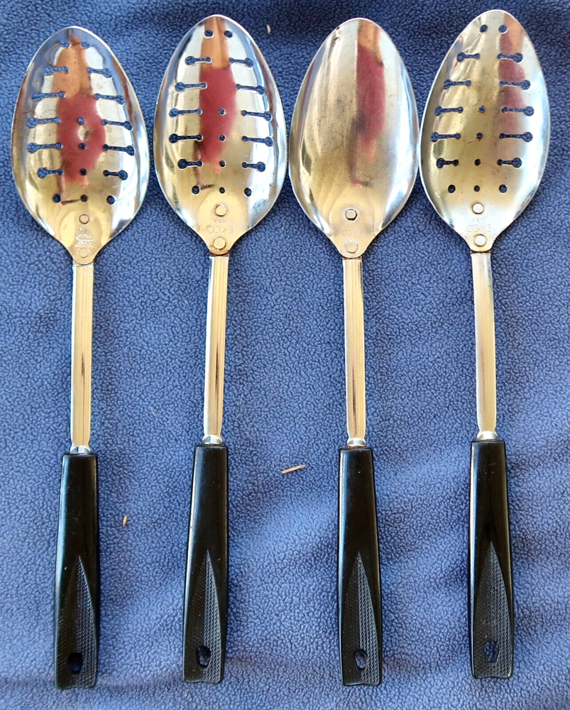 4 Vintage EKCO Chrome Keyhole SERVING SPOONS, Slotted, Solid - Black Handle USA