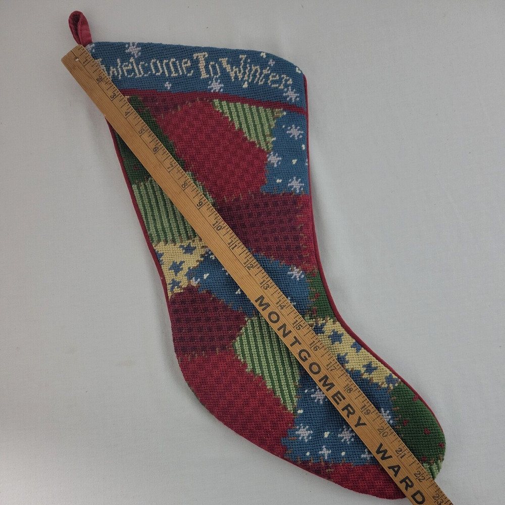 Needlepoint XMAS Stocking Welcome Winter Grandma Core Sampler Patchwork 22" Wool