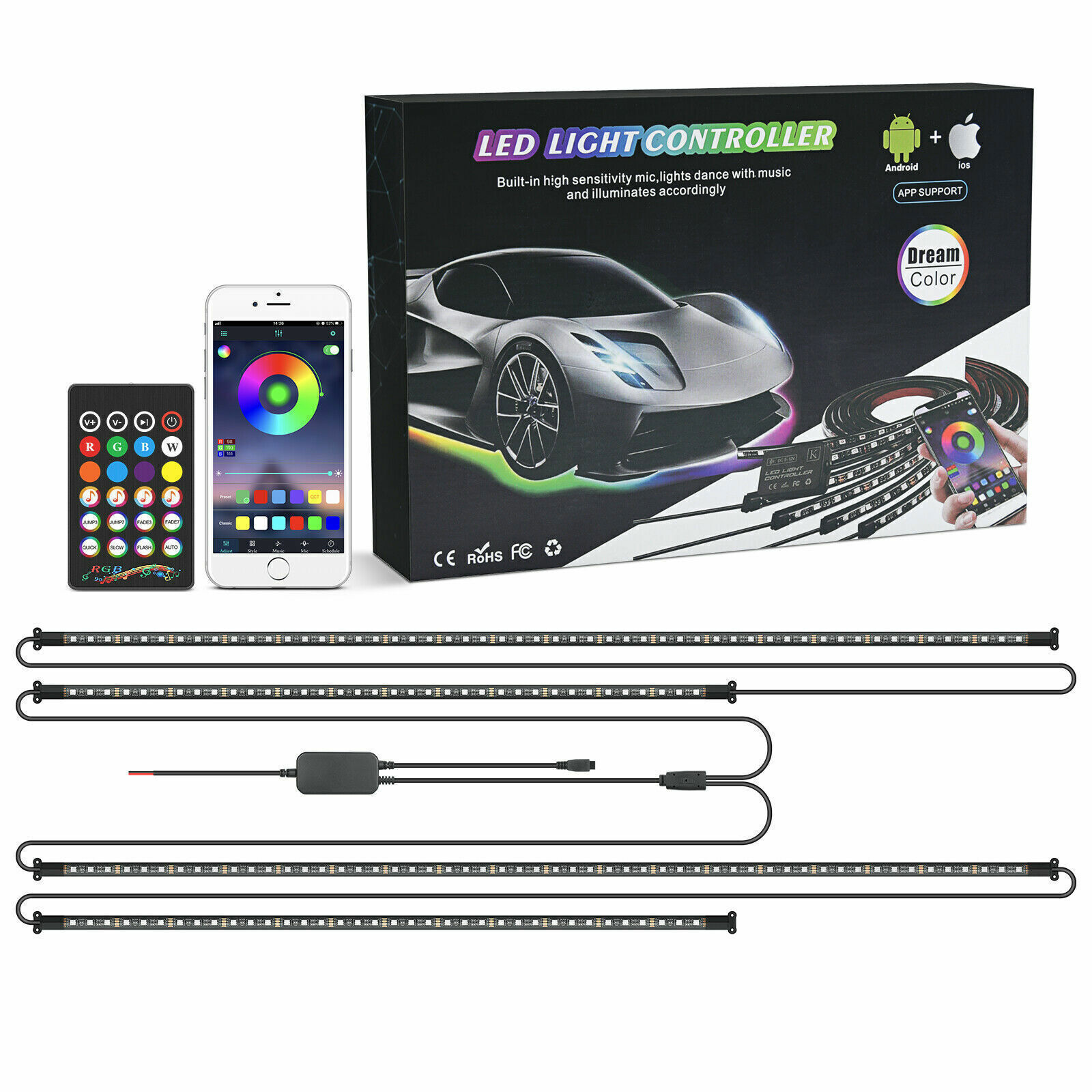 Bright 1200lm RGB Underglow Lights 4PCS Kit w/Remote for Car SUV Truck Exterior