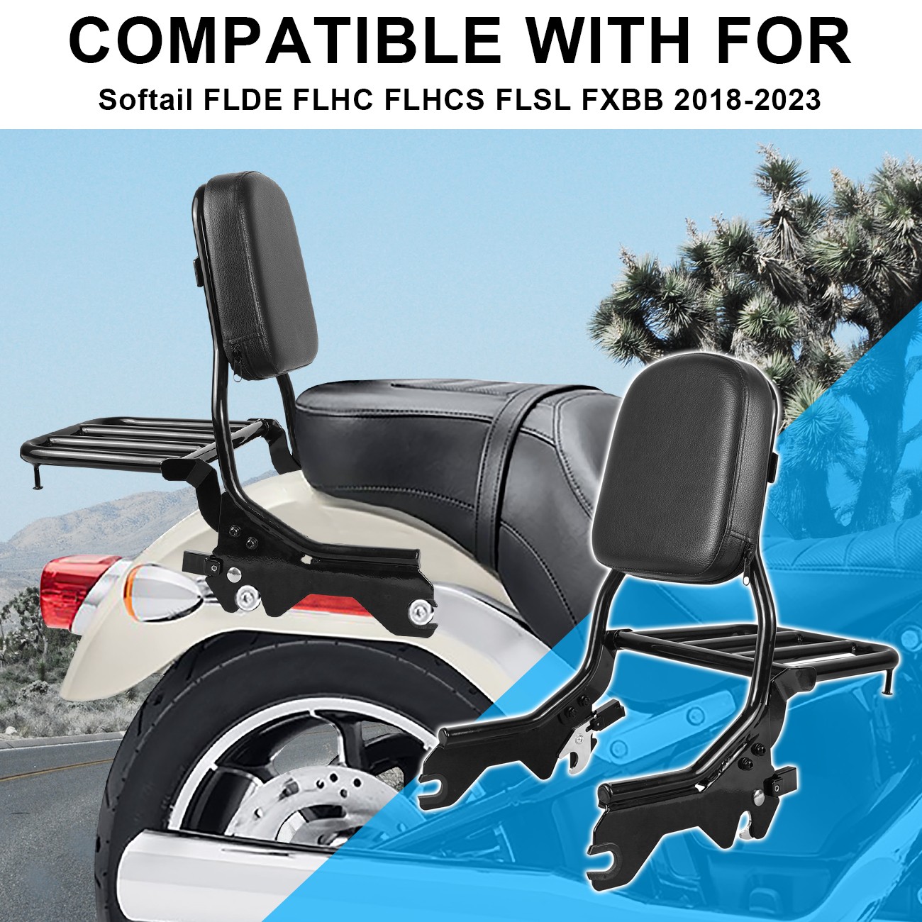 Sissy Bar Upright Passenger Backrest For Harley Softail FLDE FLHC 2018-25 Black