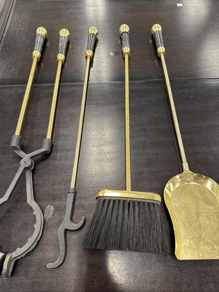 Vntg MCM Brass Marble 4-pc Fireplace Tools