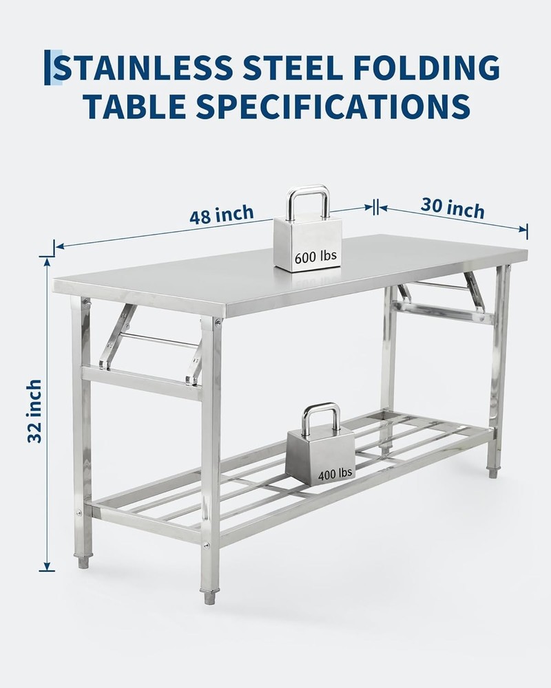 Stainless Steel Folding Table 2 Tier Portable Workbench for Kitchen, Restaurant