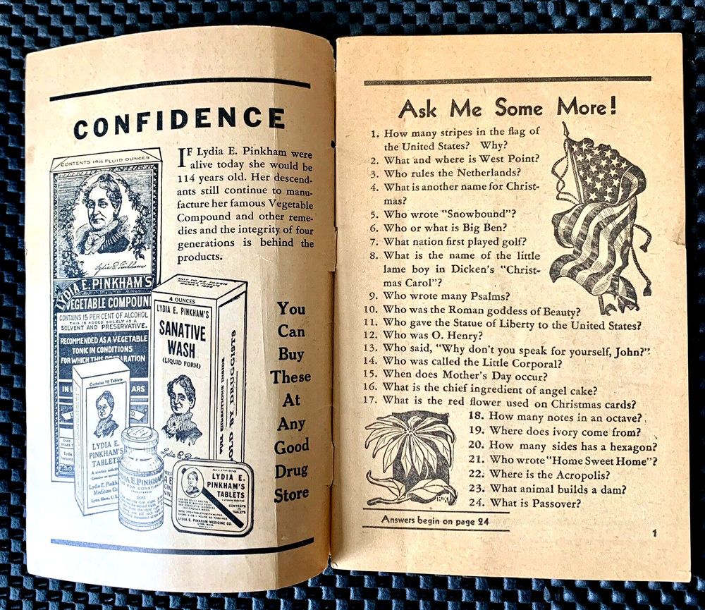 THREE HUNDRED BRAIN TEASERS LYDIA E. PINKHAM'S DEPENDABLE PRODUCTS BOOKLET