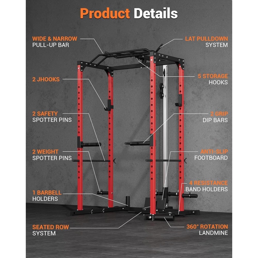 Power Cage w/ LAT Pull Down System, Multi-Functional Squat Rack w/Low Row System